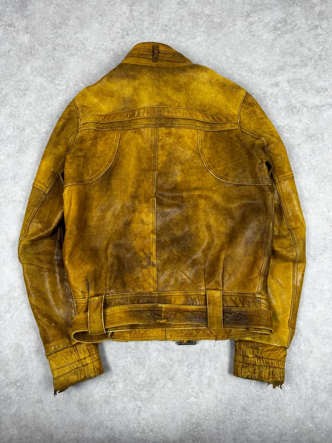2000s Cavalli Biker Raw Brut Brown Yellow Leather Jacket RKOIsJT 3