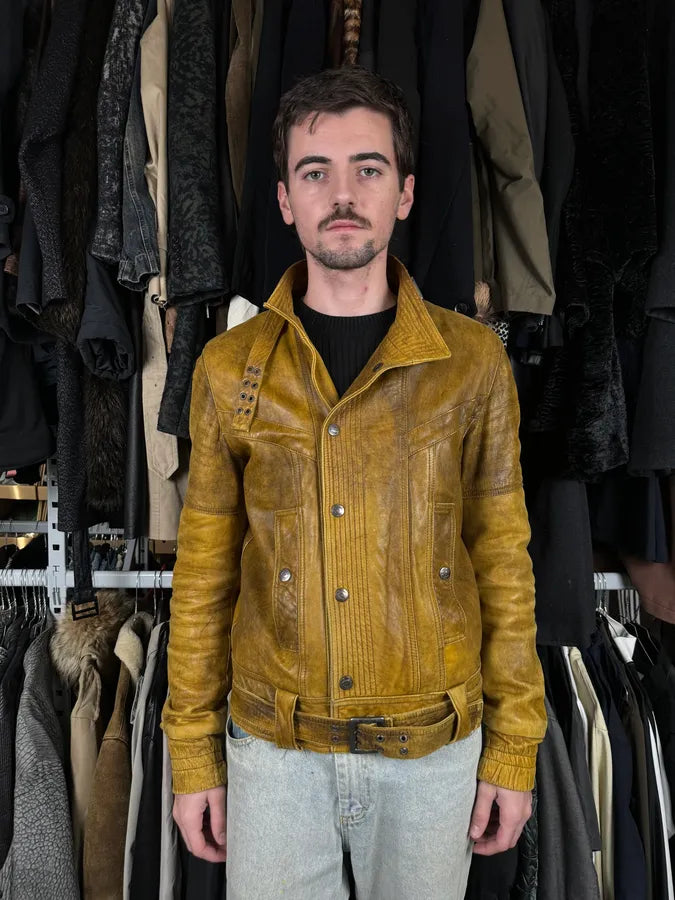 2000s Cavalli Biker Raw Brut Brown Yellow Leather Jacket RKOIsJT 1