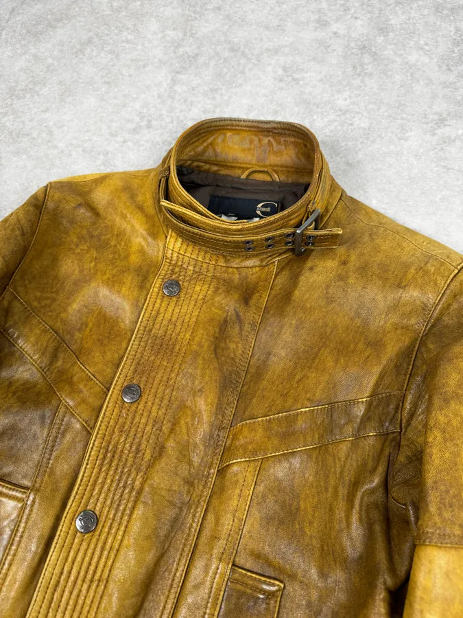 2000s Cavalli Biker Raw Brut Brown Yellow Leather Jacket RKOIsJT 4