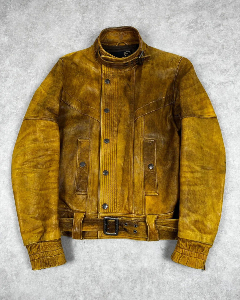 2000s Cavalli Biker Raw Brut Brown Yellow Leather Jacket RKOIsJT 0