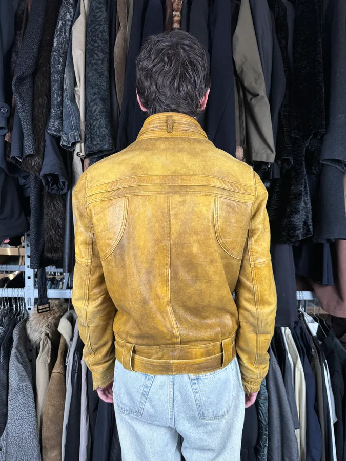 2000s Cavalli Biker Raw Brut Brown Yellow Leather Jacket RKOIsJT 2