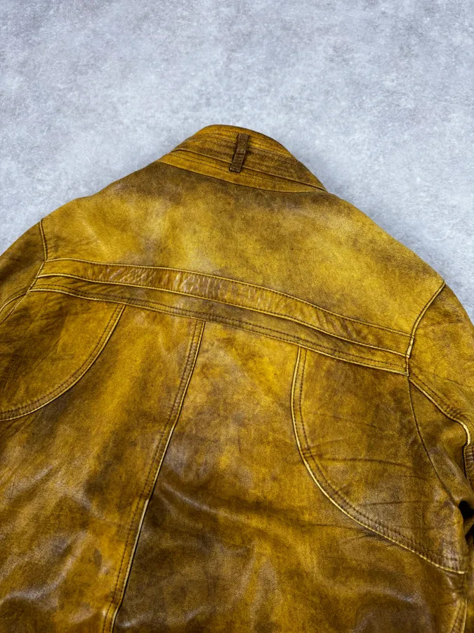 2000s Cavalli Biker Raw Brut Brown Yellow Leather Jacket RKOIsJT 5