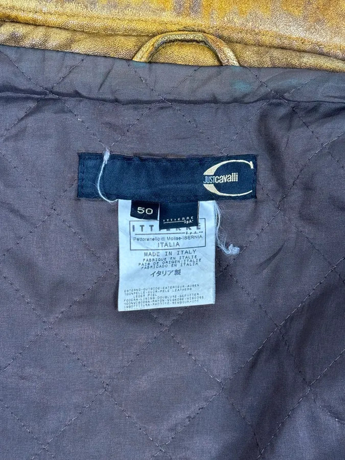 2000s Cavalli Biker Raw Brut Brown Yellow Leather Jacket RKOIsJT 10