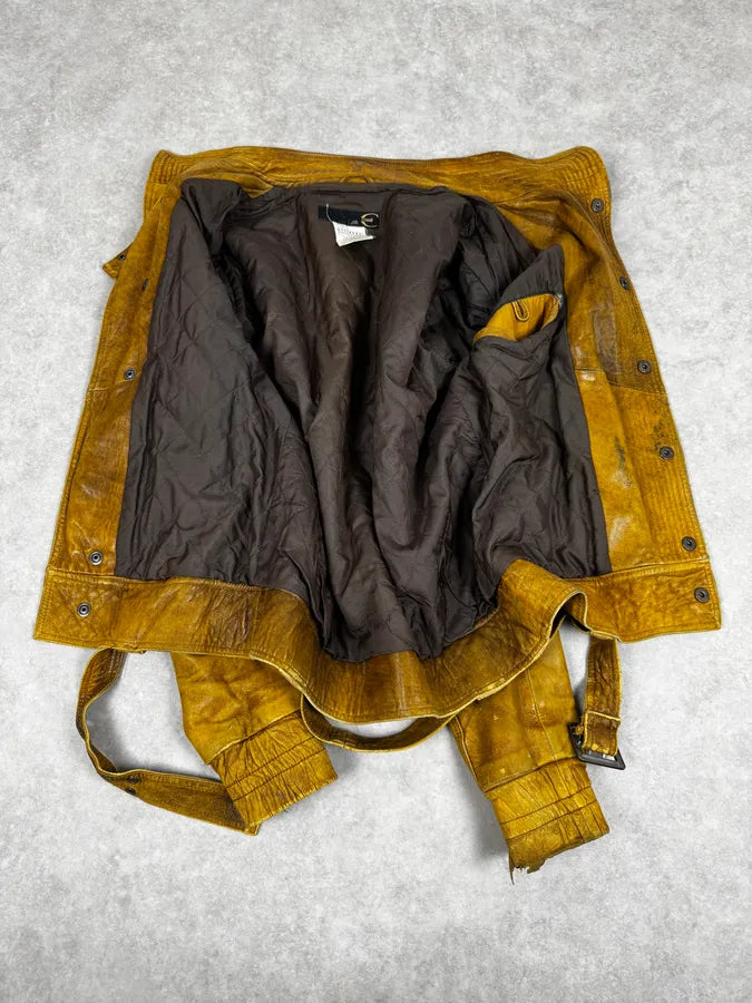 2000s Cavalli Biker Raw Brut Brown Yellow Leather Jacket RKOIsJT 6
