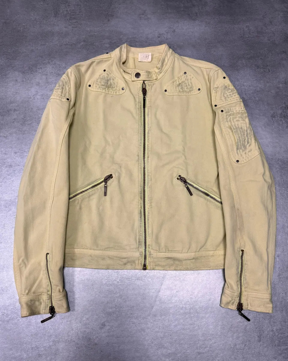 2000s Cavalli Biker Reinforced Beige Denim Jacket pYpHMfO 0