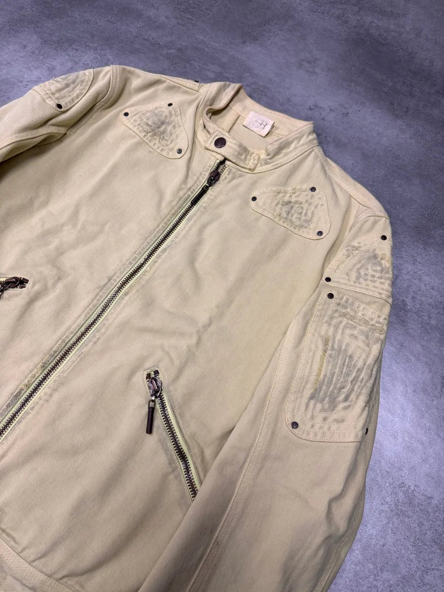 2000s Cavalli Biker Reinforced Beige Denim Jacket pYpHMfO 1