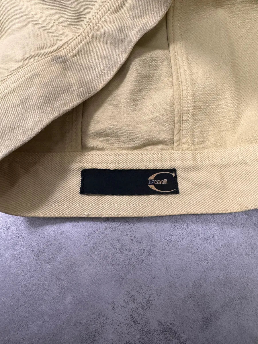 2000s Cavalli Biker Reinforced Beige Denim Jacket pYpHMfO 5