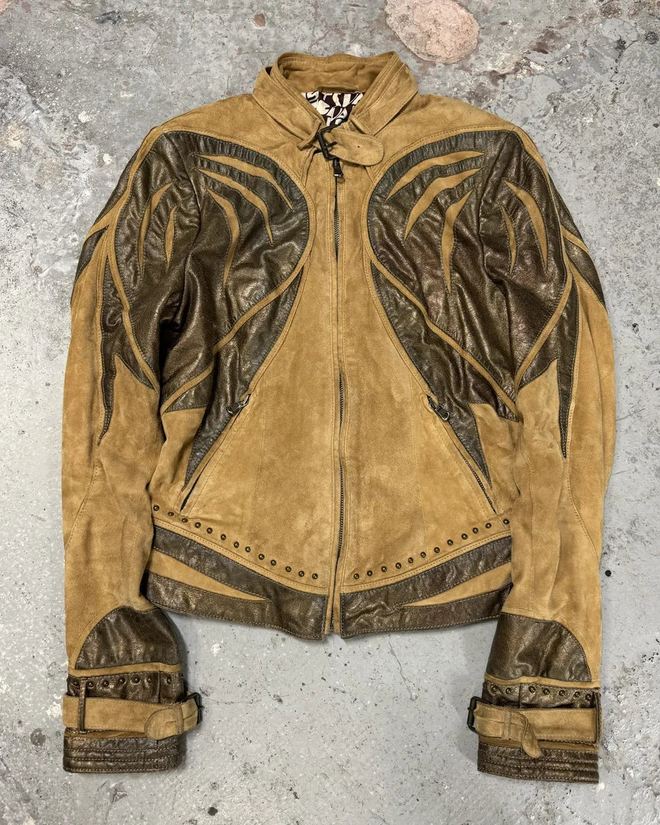 2000s Cavalli Biker Suede Camel Brown Leather Embroidered Jacket (XS) 0