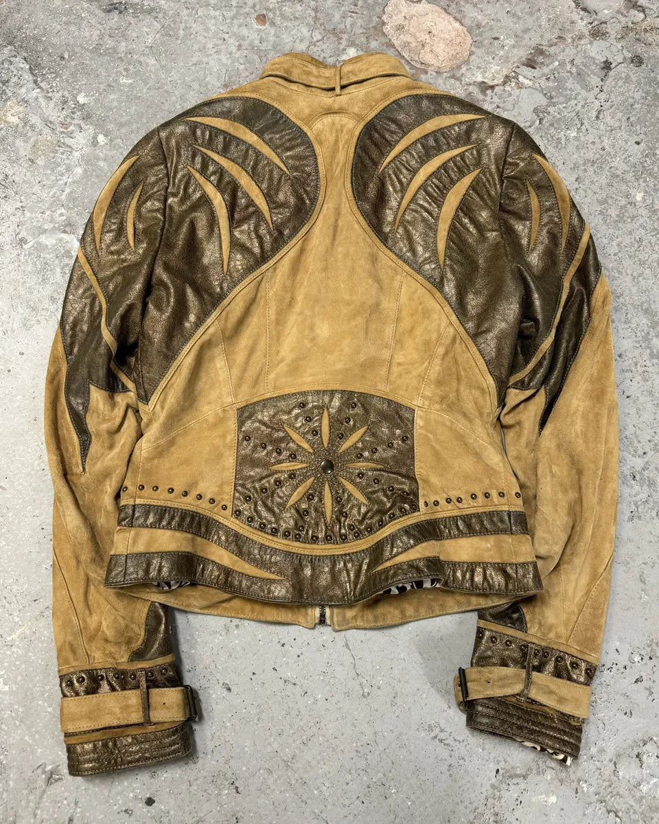 2000s Cavalli Biker Suede Camel Brown Leather Embroidered Jacket (XS) 1