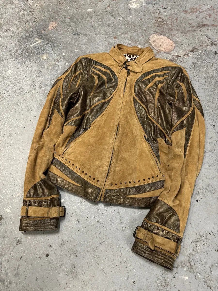 2000s Cavalli Biker Suede Camel Brown Leather Embroidered Jacket (XS) 2