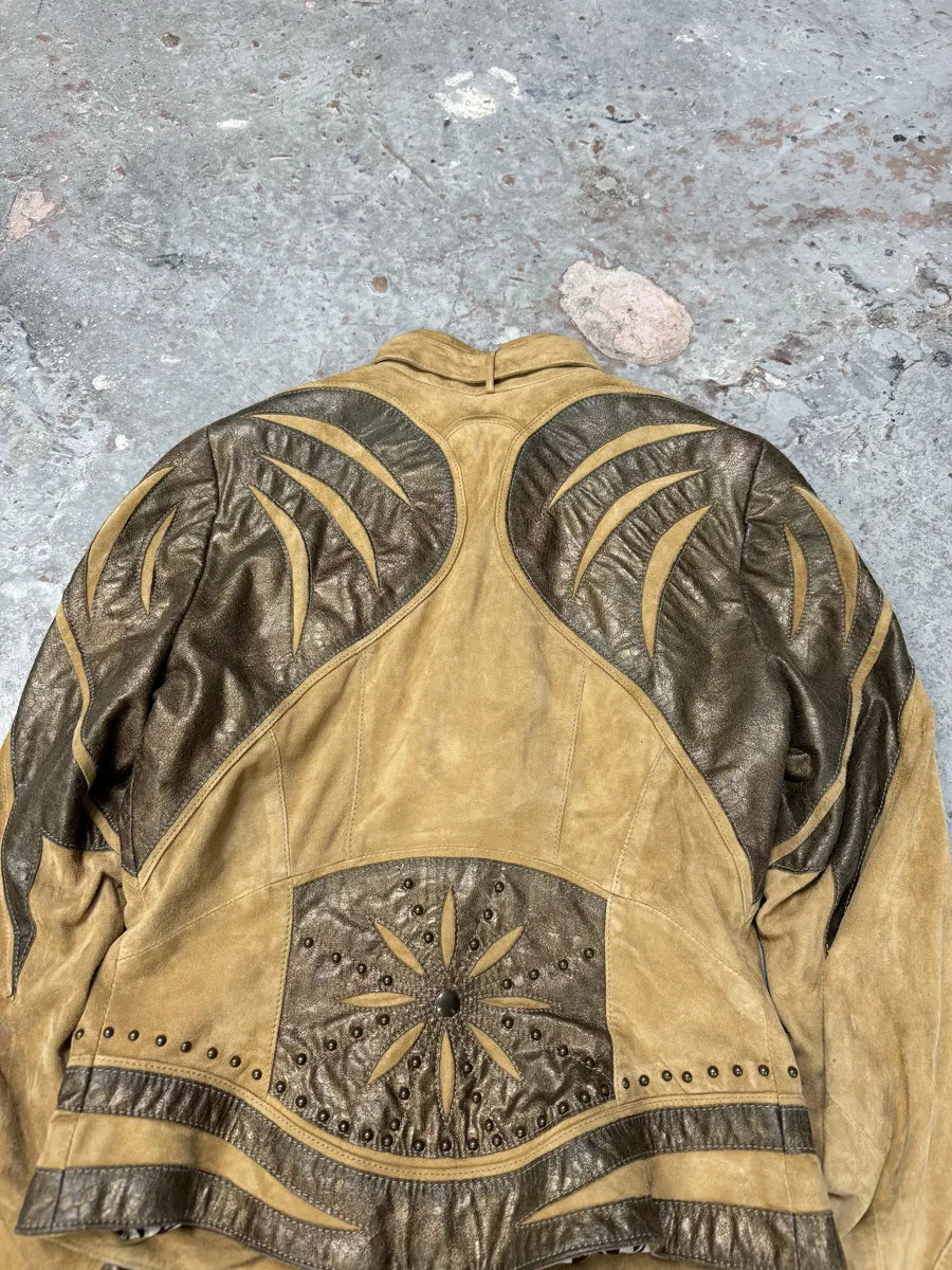 2000s Cavalli Biker Suede Camel Brown Leather Embroidered Jacke (XS) 3