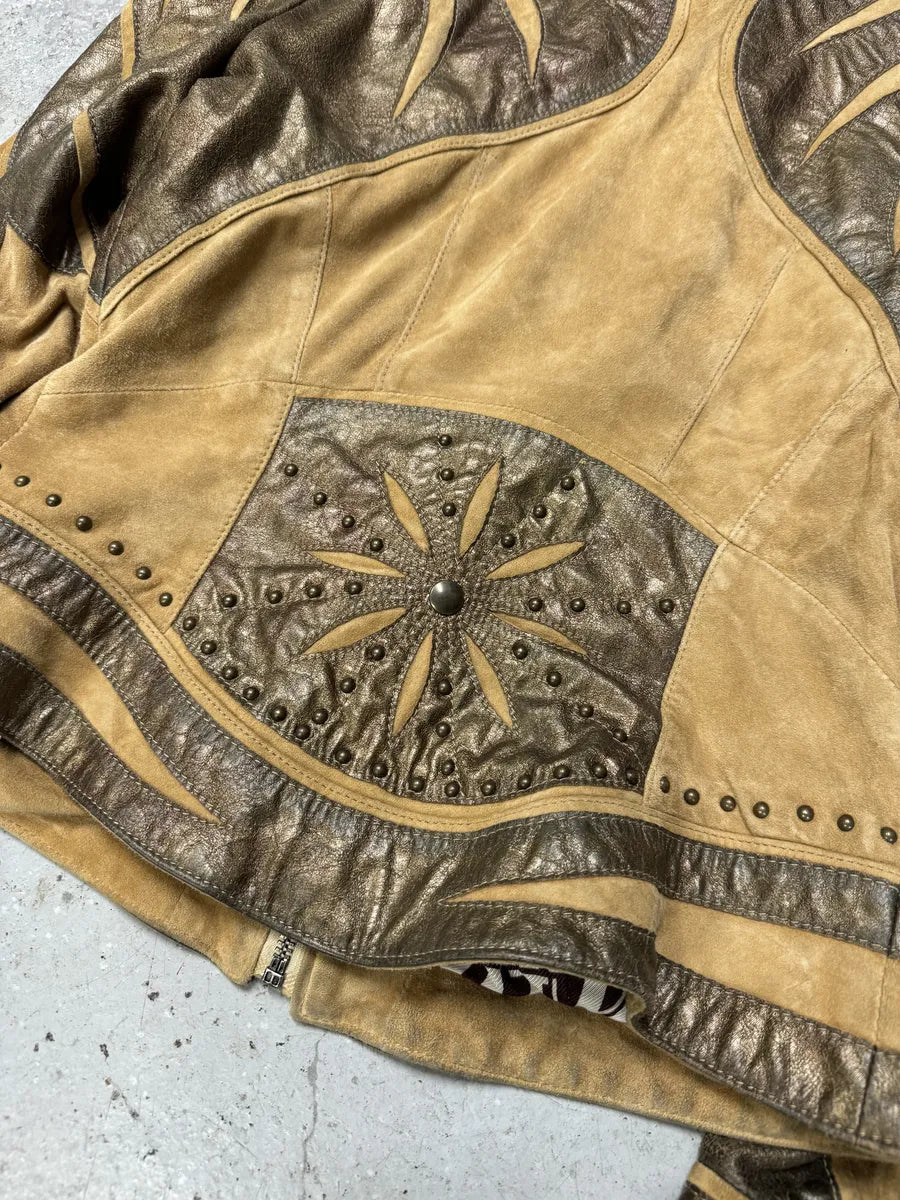 2000s Cavalli Biker Suede Camel Brown Leather Embroidered Jacke (XS) 4