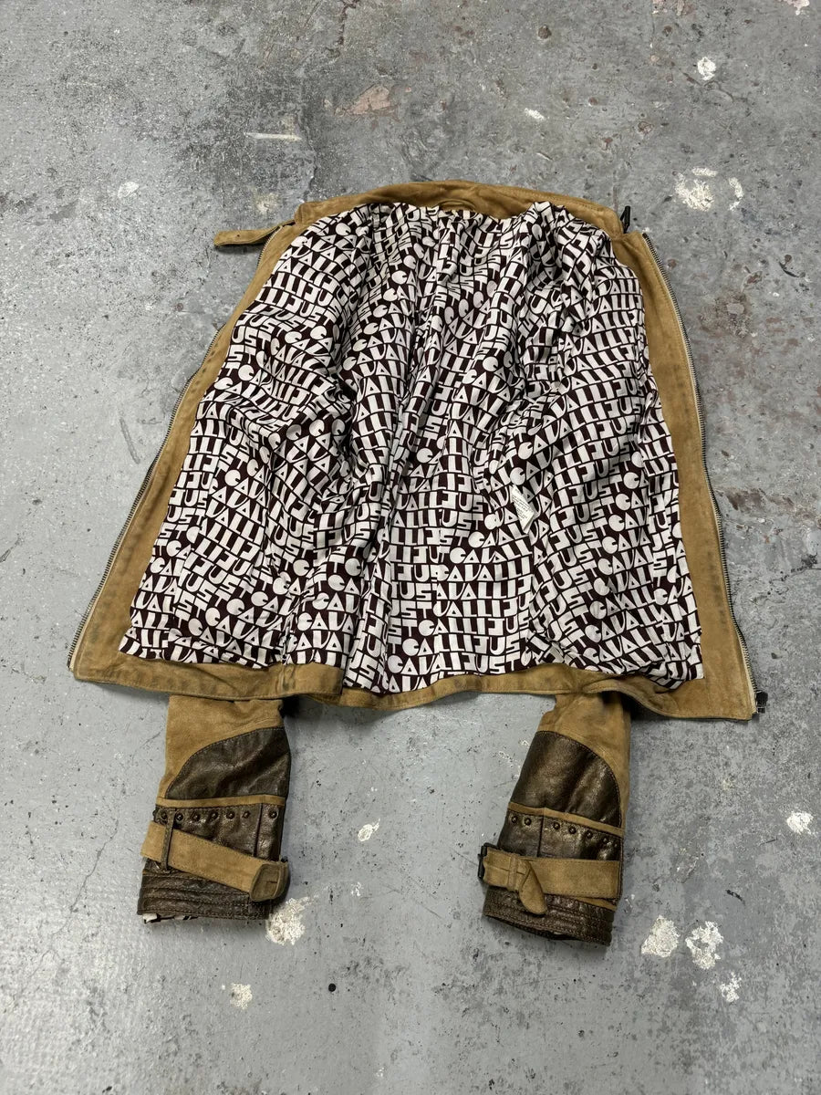 2000s Cavalli Biker Suede Camel Brown Leather Embroidered Jacke (XS) 5