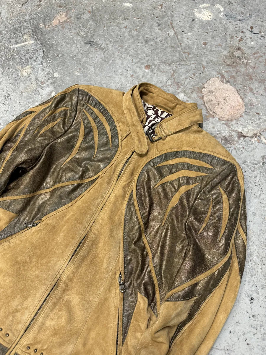 2000s Cavalli Biker Suede Camel Brown Leather Embroidered Jacke (XS) 6