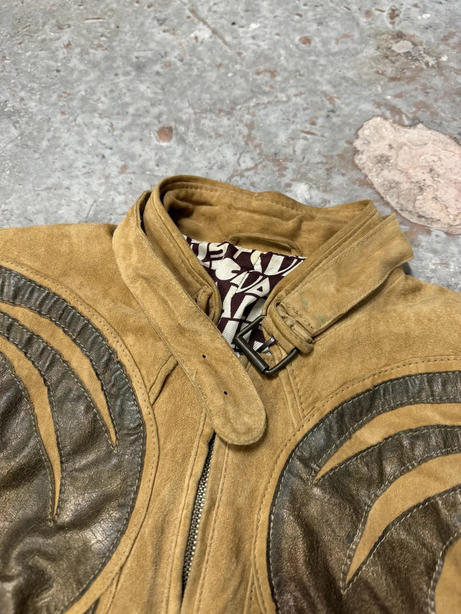 2000s Cavalli Biker Suede Camel Brown Leather Embroidered Jacke (XS) 8