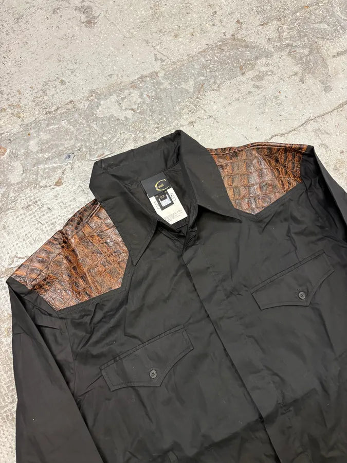 2000s Cavalli Black & Brown Crocodile Effect Embossed Leather Shirt Yxyywyz 4