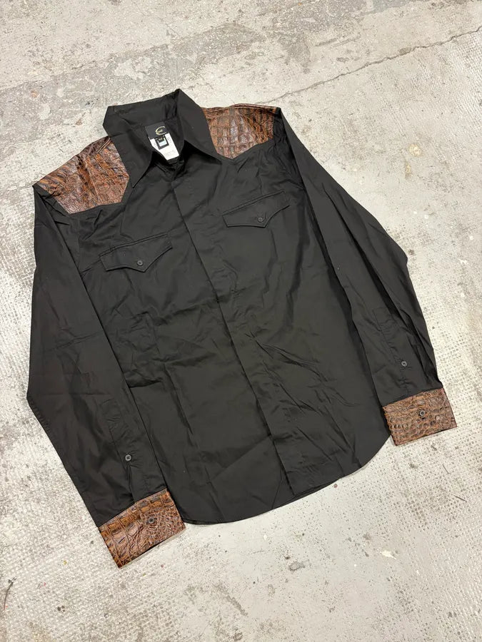 2000s Cavalli Black & Brown Crocodile Effect Embossed Leather Shirt Yxyywyz 3