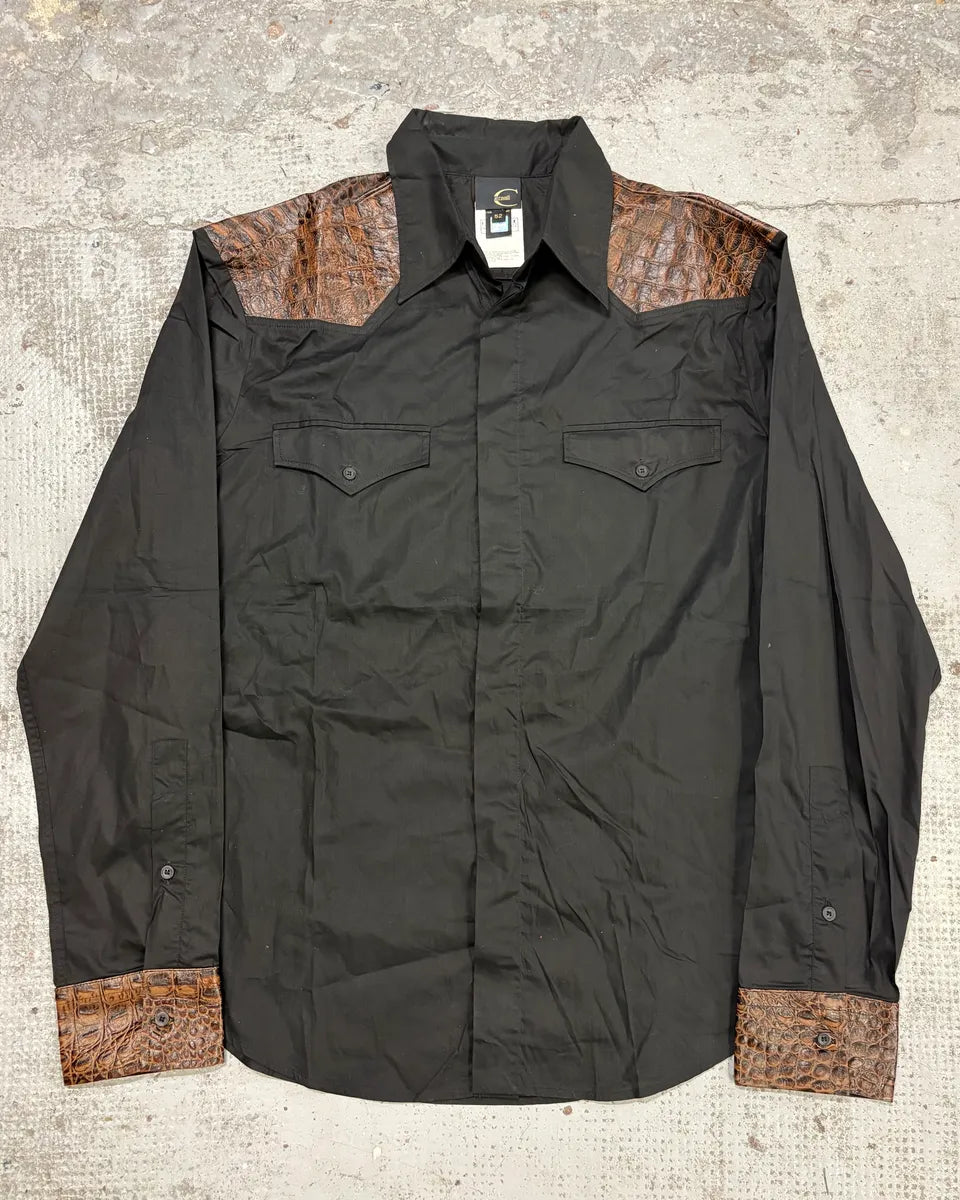 2000s Cavalli Black & Brown Crocodile Effect Embossed Leather Shirt Yxyywyz 0