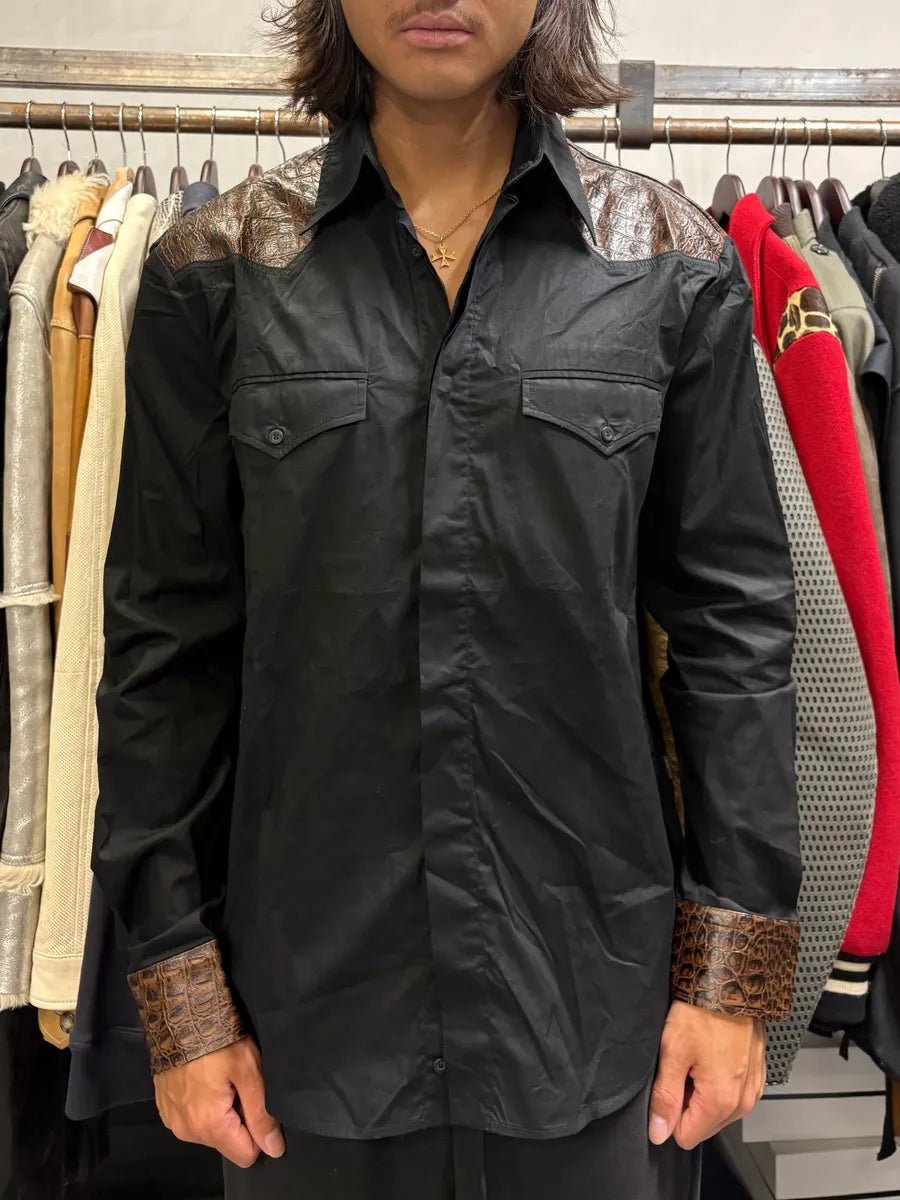 2000s Cavalli Black & Brown Crocodile Effect Embossed Leather Shirt Yxyywyz 1