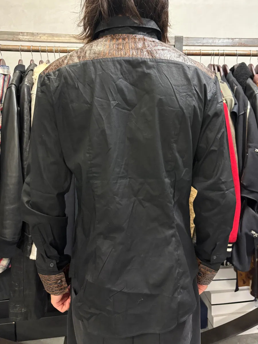2000s Cavalli Black & Brown Crocodile Effect Embossed Leather Shirt Yxyywyz 2