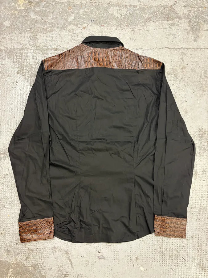 2000s Cavalli Black & Brown Crocodile Effect Embossed Leather Shirt Yxyywyz 5