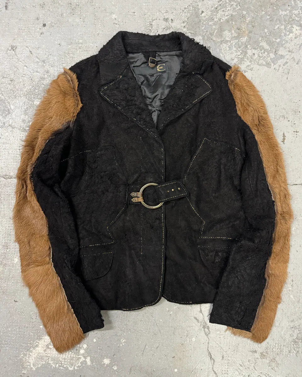 2000s Cavalli Black & Brown Fur Effect Distressed Blazer Jacket  ObGrFJW 0