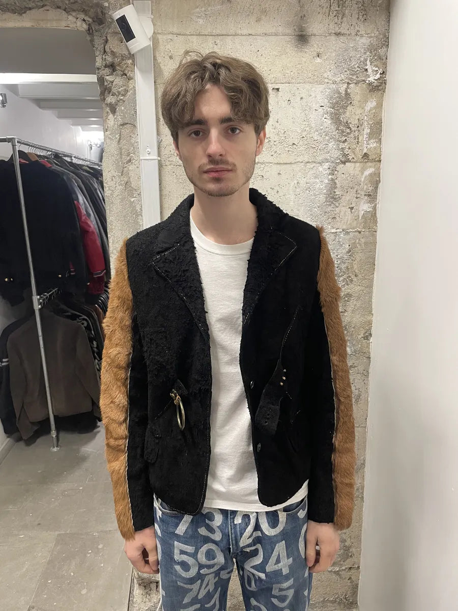 2000s Cavalli Black & Brown Fur Effect Distressed Blazer  (S) 1
