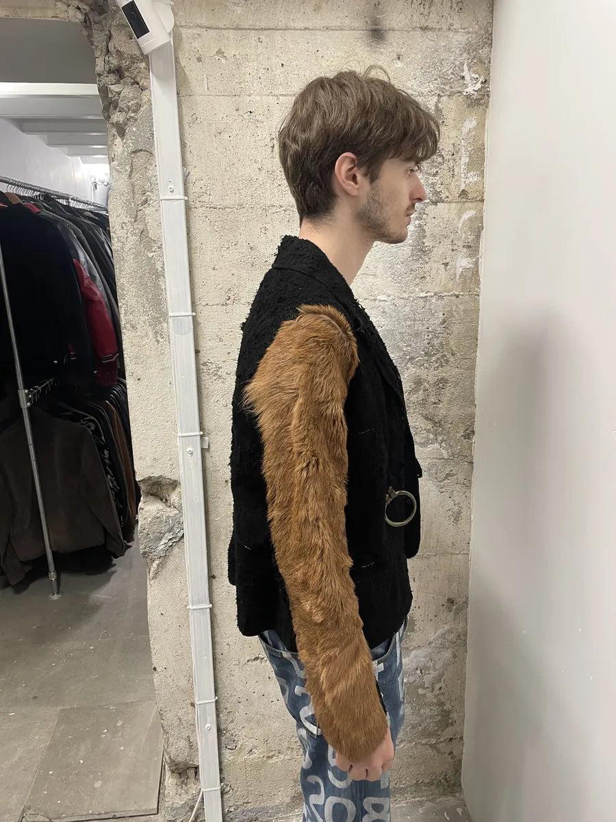 2000s Cavalli Black & Brown Fur Effect Distressed Blazer  (S) 10