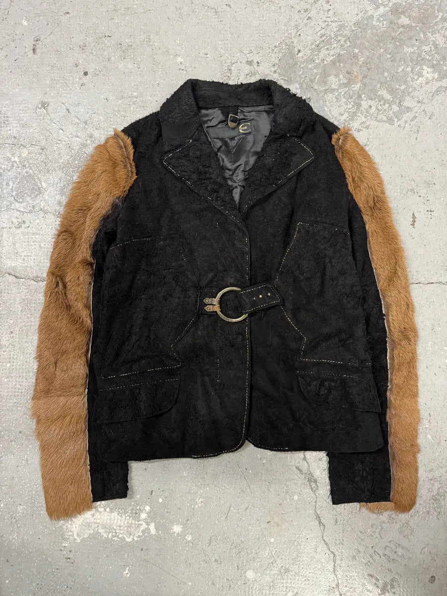 2000s Cavalli Black & Brown Fur Effect Distressed Blazer Jacket  ObGrFJW 5