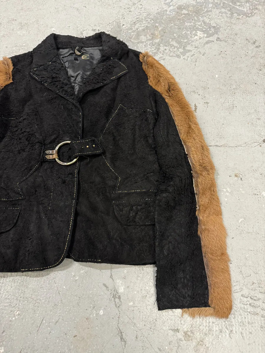2000s Cavalli Black & Brown Fur Effect Distressed Blazer Jacket  ObGrFJW 7