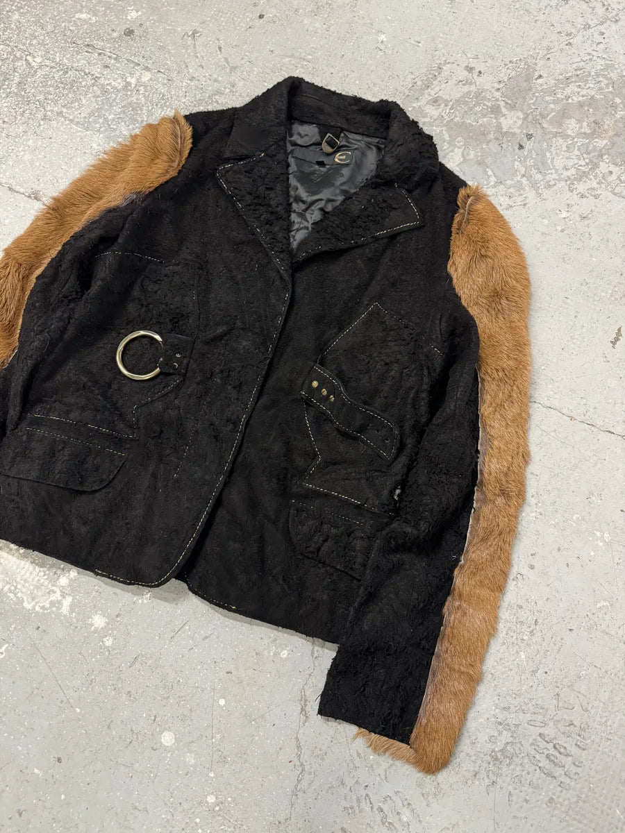 2000s Cavalli Black & Brown Fur Effect Distressed Blazer Jacket  ObGrFJW 9