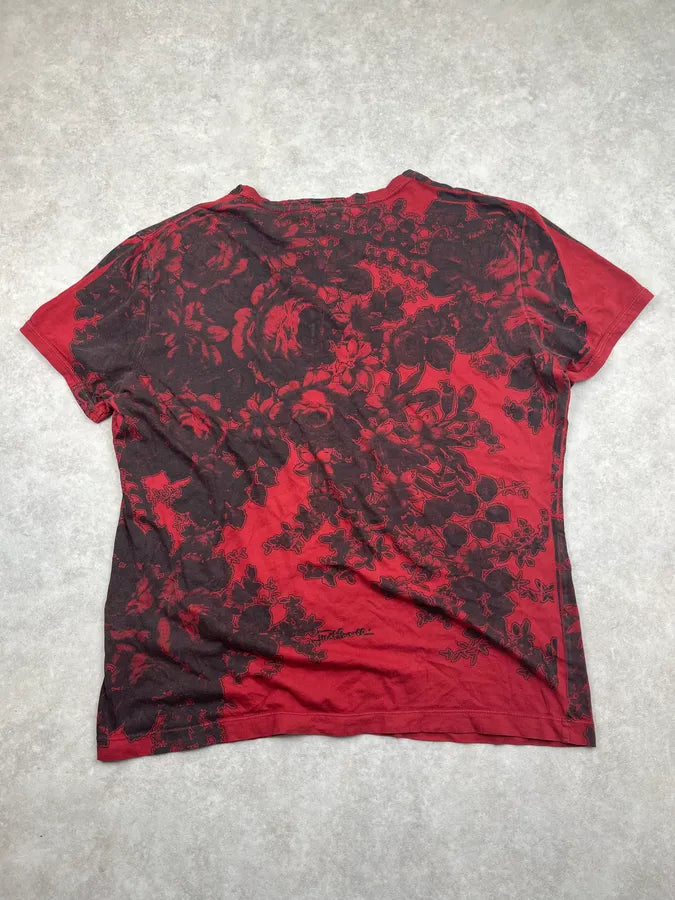 2000s Cavalli Black & Red V-Neck Floral T-Shirt mxARCTo 4