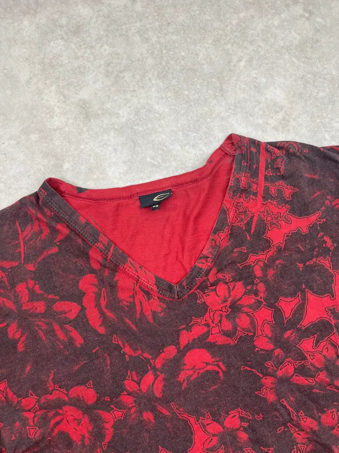 2000s Cavalli Black & Red V-Neck Floral T-Shirt mxARCTo 3