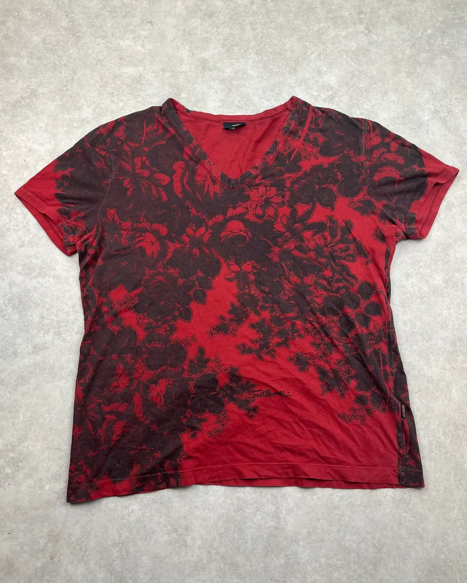 2000s Cavalli Black & Red V-Neck Floral T-Shirt mxARCTo 0