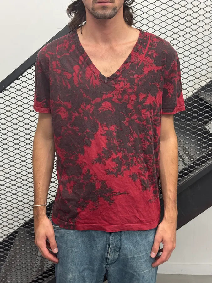 2000s Cavalli Black & Red V-Neck Floral T-Shirt mxARCTo 1