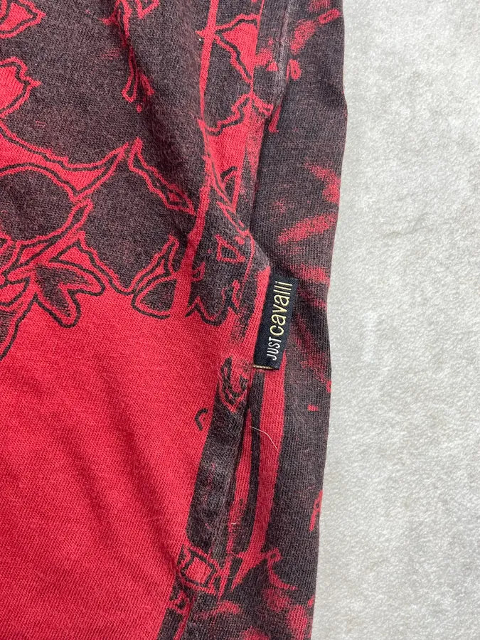 2000s Cavalli Black & Red V-Neck Floral T-Shirt mxARCTo 7