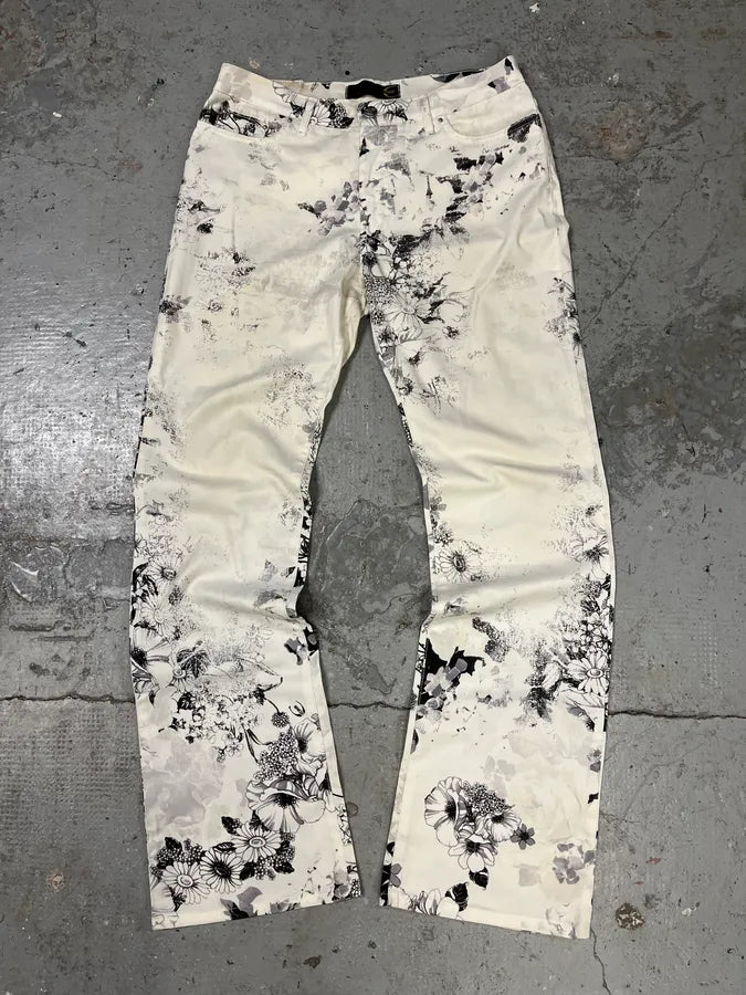 2000s Cavalli Black & White Floral Faded Paint Pants (L) RtTXVQl 0