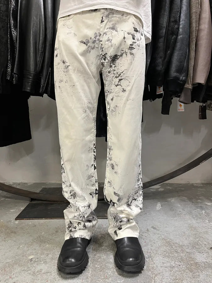 2000s Cavalli Black & White Floral Faded Paint Pants RtTXVQl 1