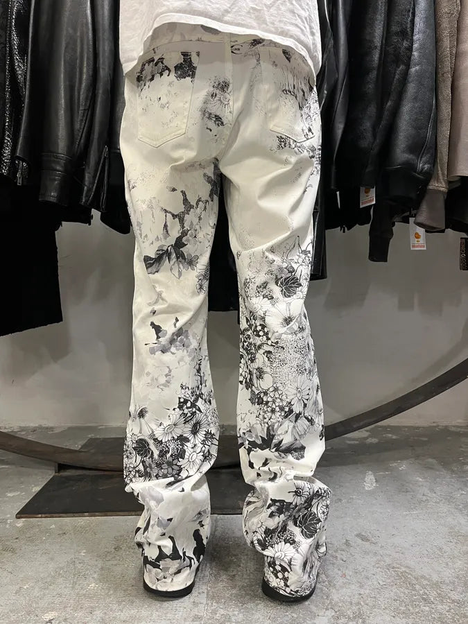 2000s Cavalli Black & White Floral Faded Paint Pants (L) RtTXVQl 3