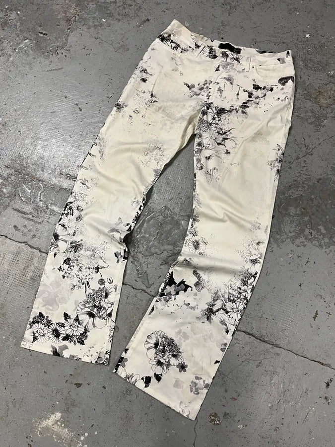 2000s Cavalli Black & White Floral Faded Paint Pants RtTXVQl 4