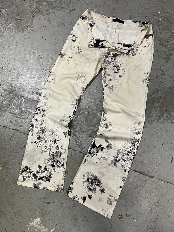 2000s Cavalli Black & White Floral Faded Paint Pants (L) RtTXVQl 5