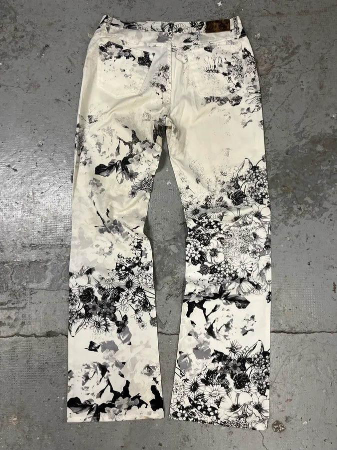 2000s Cavalli Black & White Floral Faded Paint Pants RtTXVQl 6