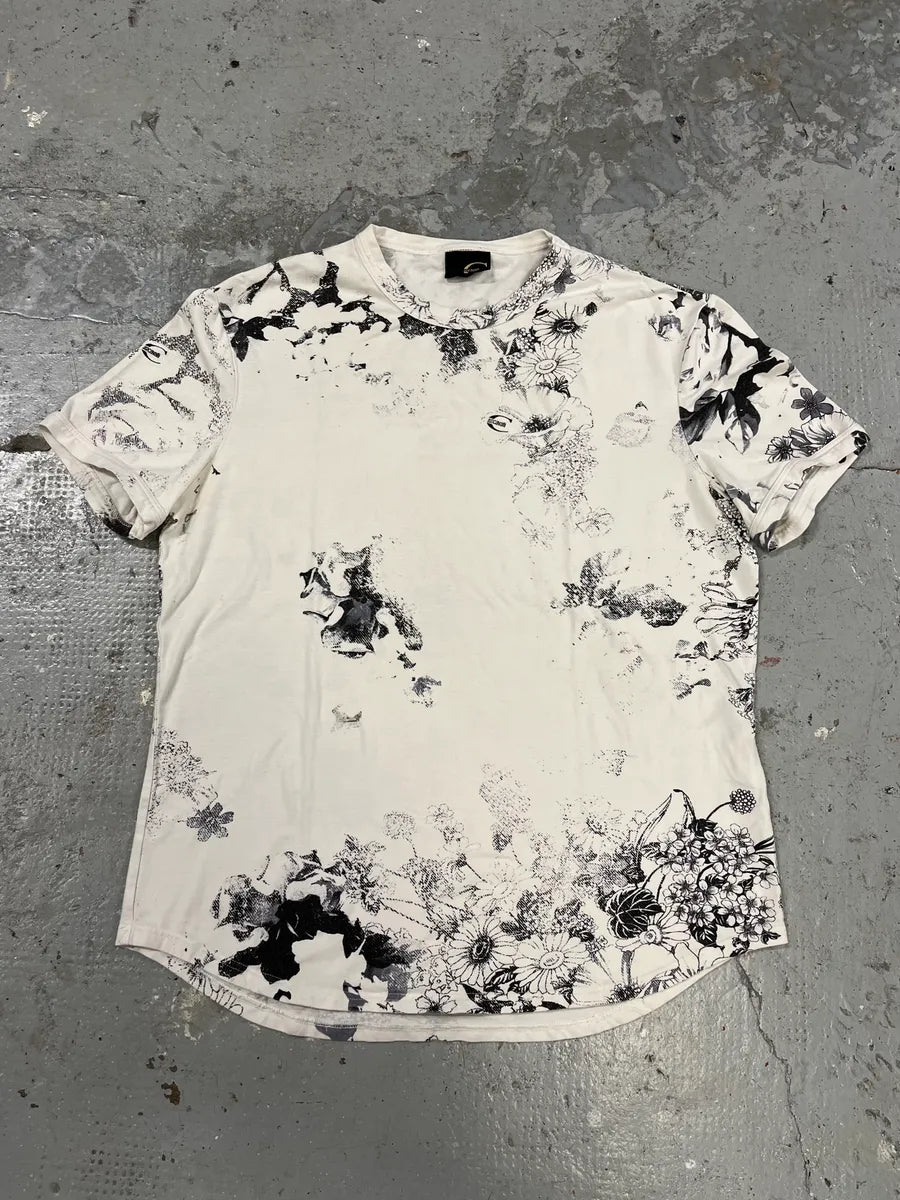 2000s Cavalli Black & White Floral Faded Paint T-Shirt (S) pENYYHn 0
