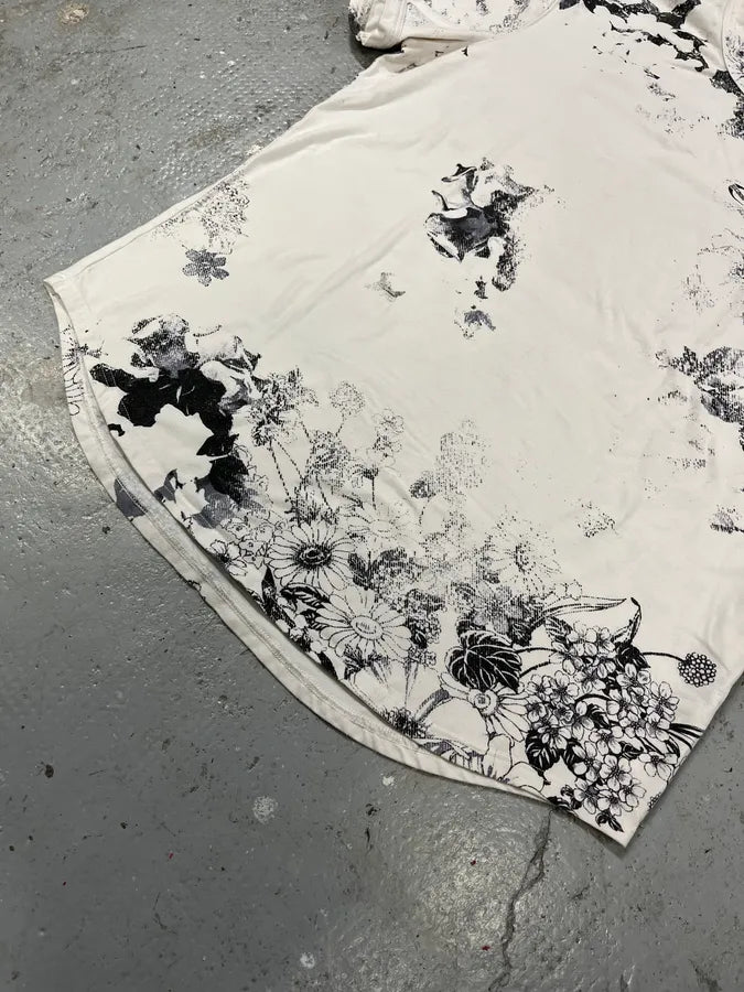 2000s Cavalli Black & White Floral Faded Paint T-Shirt (S) pENYYHn 2