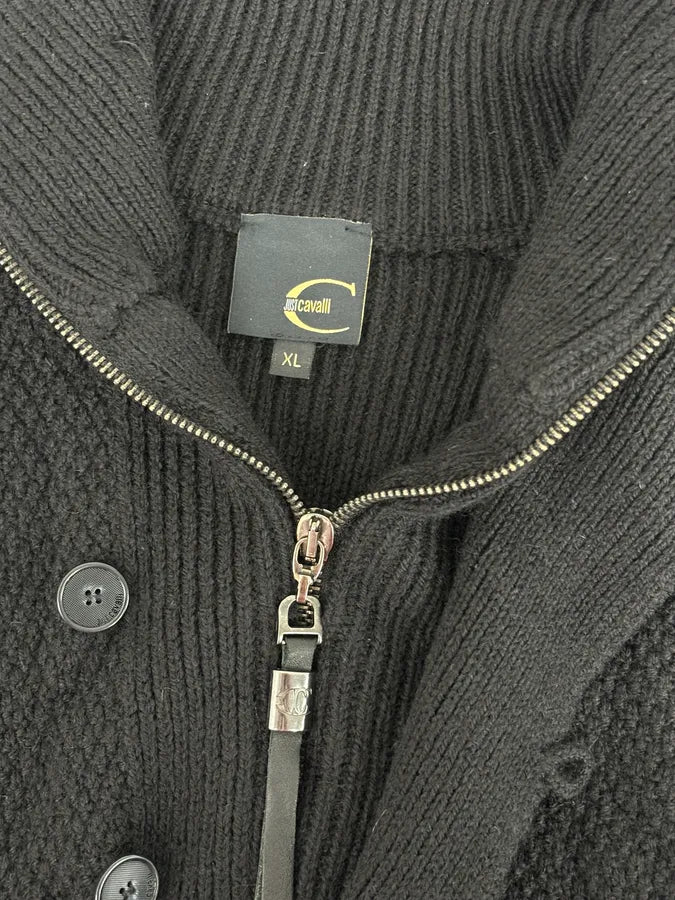 2000s Cavalli Black Asymmetrical Wool Buttoned Zip-up Sweater nvuRsGb 8