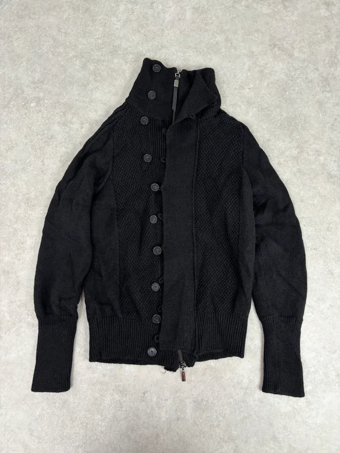 2000s Cavalli Black Asymmetrical Wool Buttoned Zip-up Sweater nvuRsGb 1