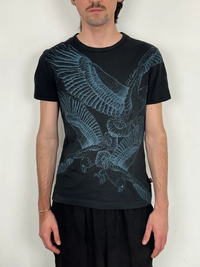 2000s Cavalli Black Blue Birds Print T-Shirt lFUEGDv 1