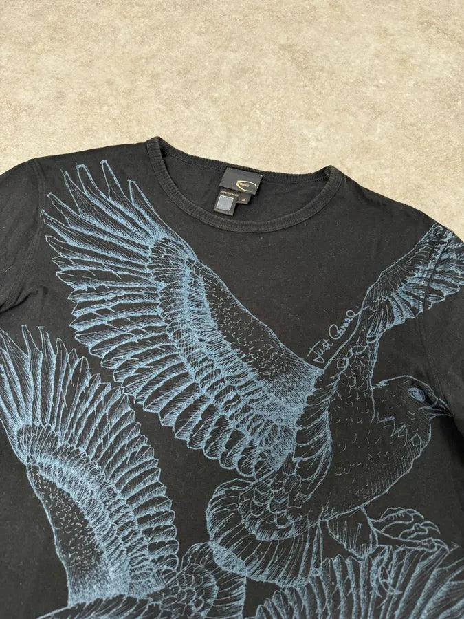 2000s Cavalli Black Blue Birds Print T-Shirt lFUEGDv 4