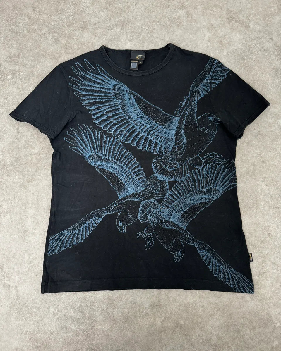 2000s Cavalli Black Blue Birds Print T-Shirt lFUEGDv 0