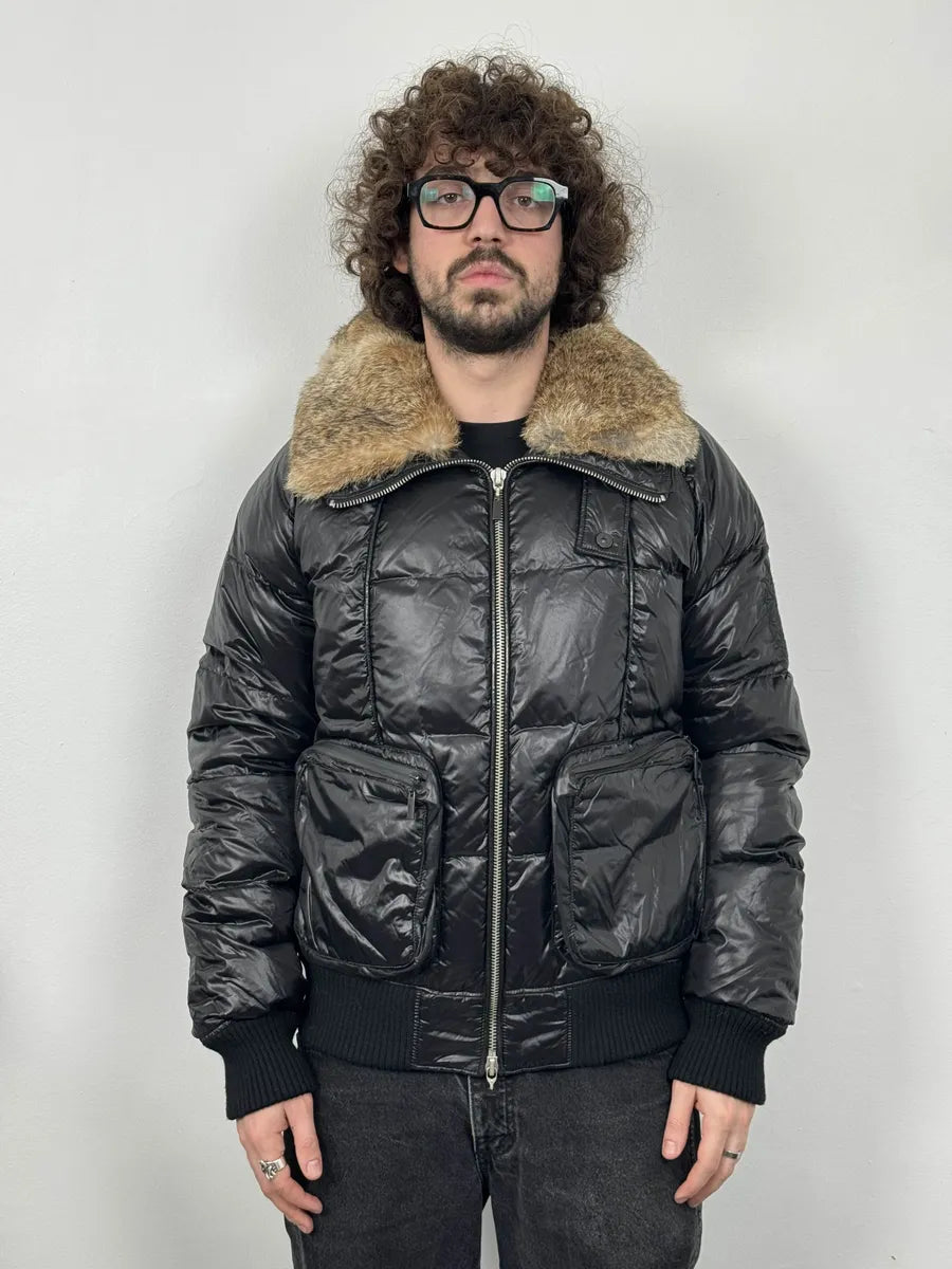 2000s Cavalli Black British Puffer Jacket with Fur Collar vblfBAM 0